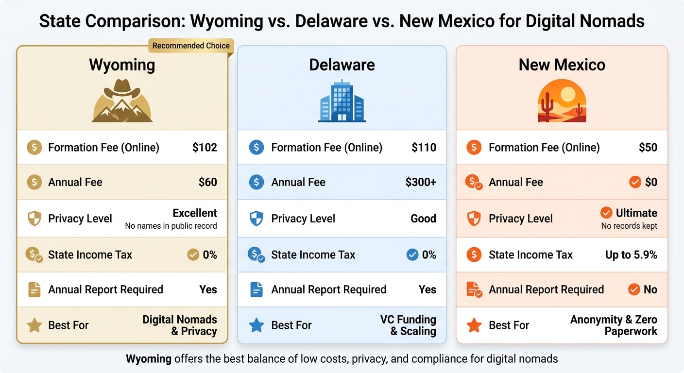 Wyoming vs Delaware vs New Mexico LLC Comparison for Digital Nomads