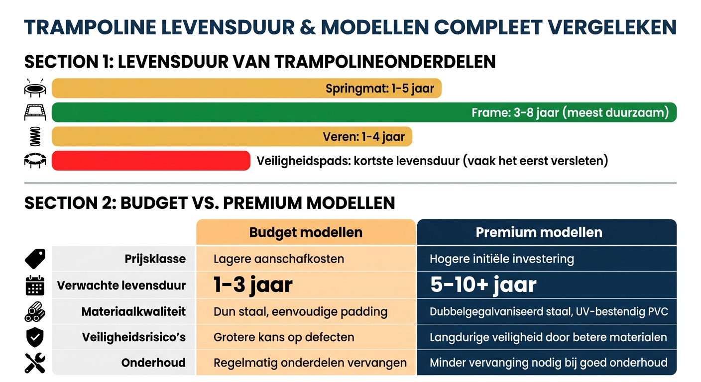 Levensduur trampolineonderdelen en budget vs premium modellen vergelijking