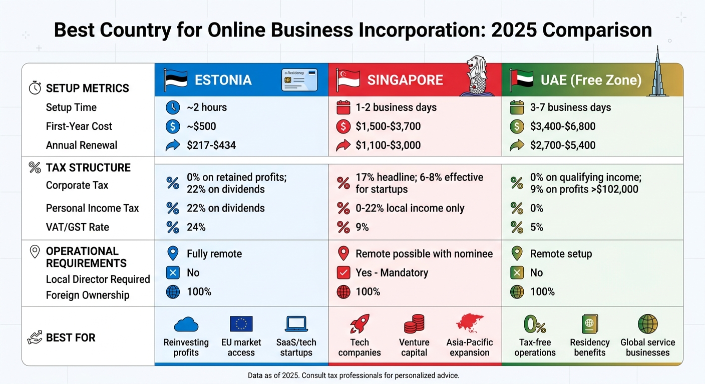 Estonia vs Singapore vs UAE: Online Business Incorporation Comparison 2025