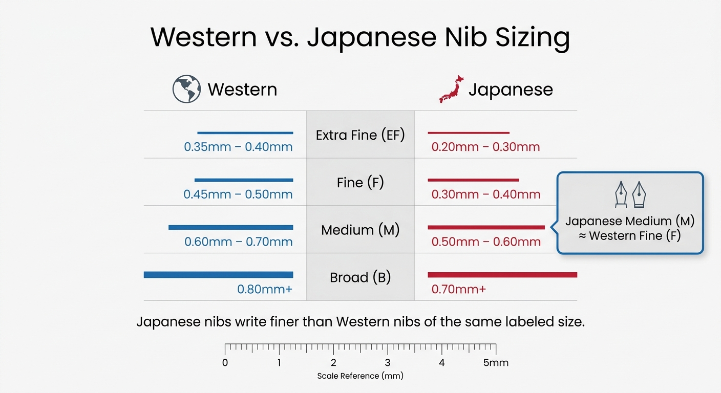 Western vs Japanese Fountain Pen Nib Size Comparison Chart
