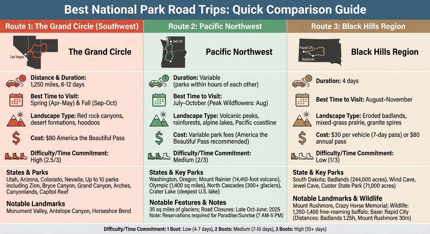 National Park Road Trip Routes Comparison: Grand Circle, Pacific Northwest, and Black Hills