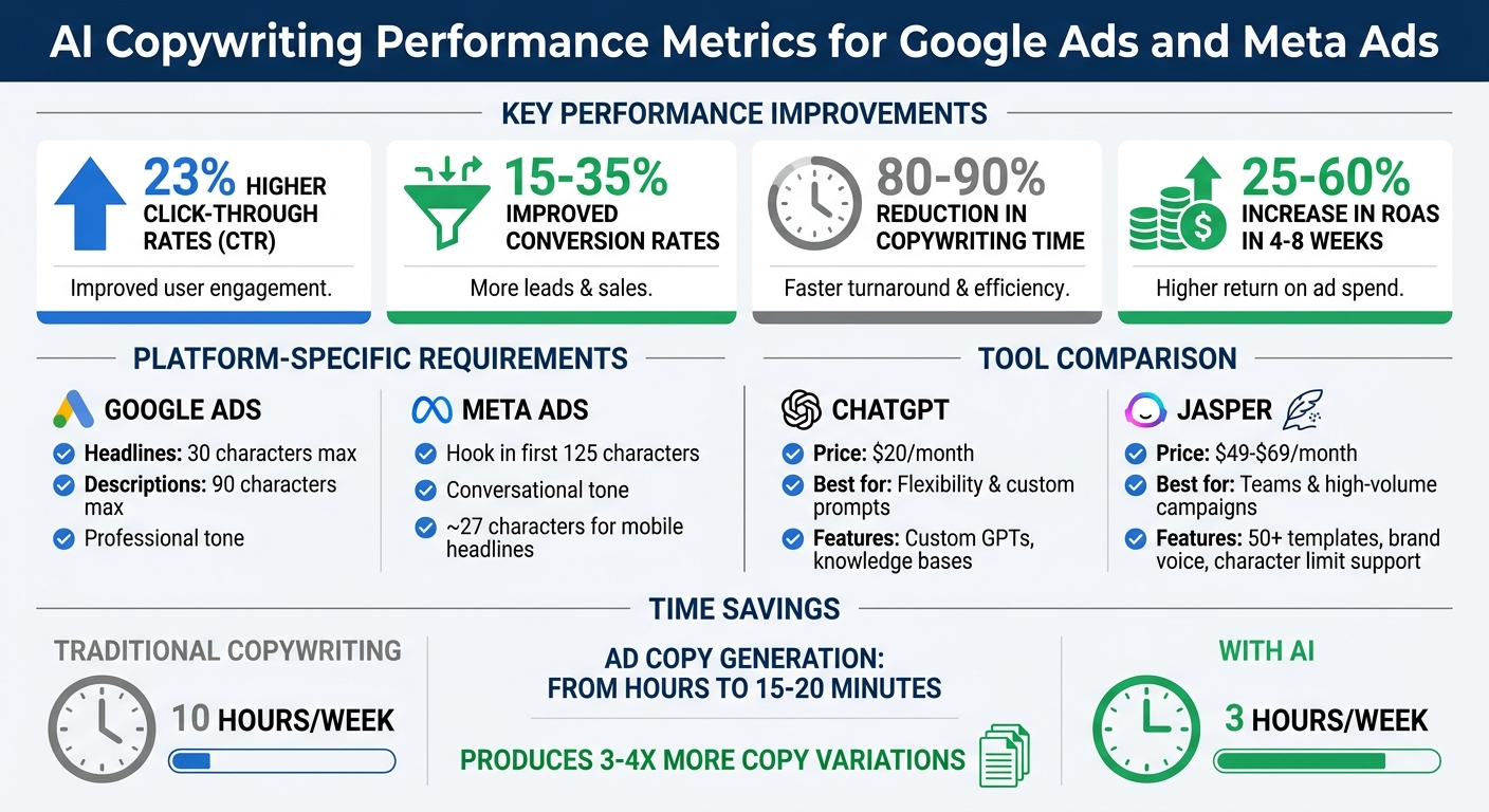 AI Copywriting Performance Chart showing CTR and ROAS for Google Ads and Meta Ads