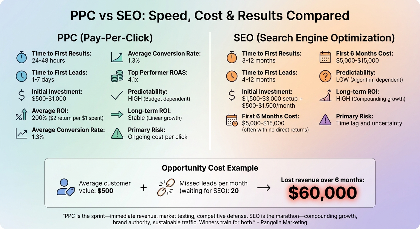 PPC vs SEO timeline and ROI comparison chart showing immediate Google Ads results versus long-term organic search growth