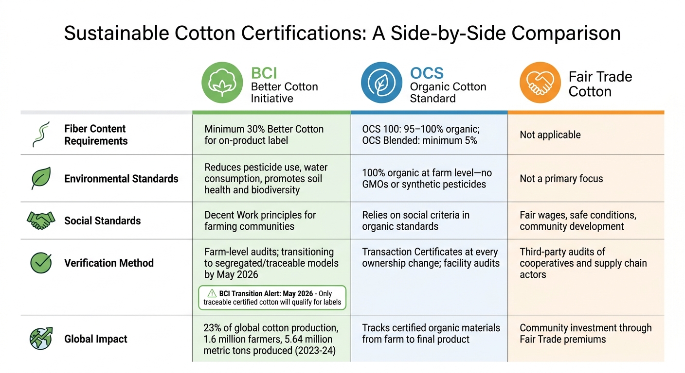Sustainable Cotton Certifications Comparison: BCI, OCS, and Fair Trade Standards