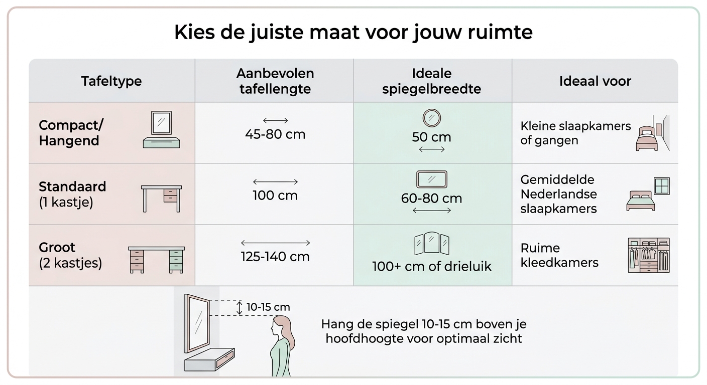 Kaptafel afmetingen en spiegelbreedtes vergelijkingstabel