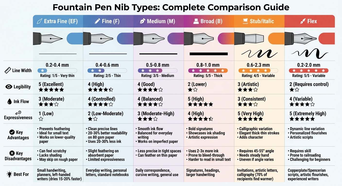 Fountain Pen Nib Types Comparison Chart: Line Width, Legibility, and Expressiveness