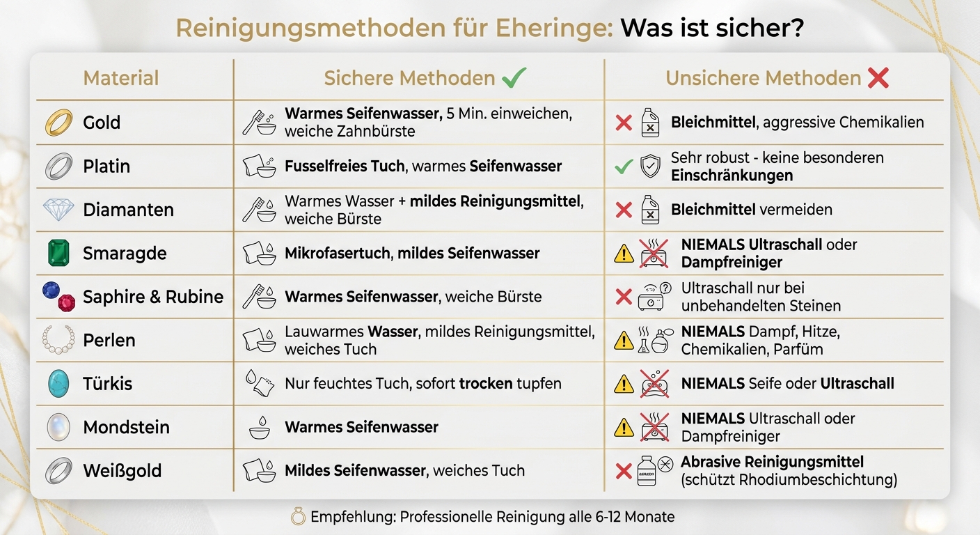 Sichere Reinigungsmethoden für Eheringe nach Material