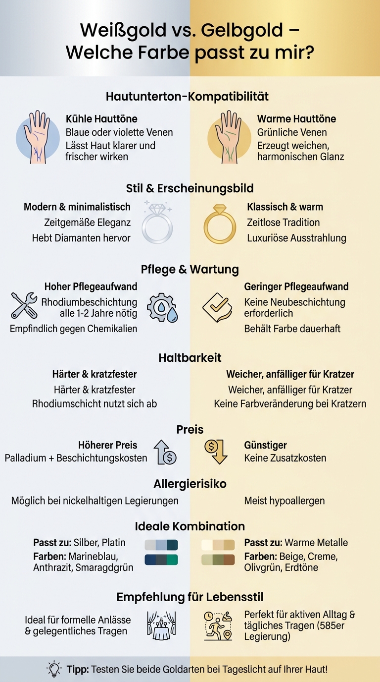 Weißgold vs. Gelbgold Vergleich: Eigenschaften, Pflege und Hautton-Kompatibilität