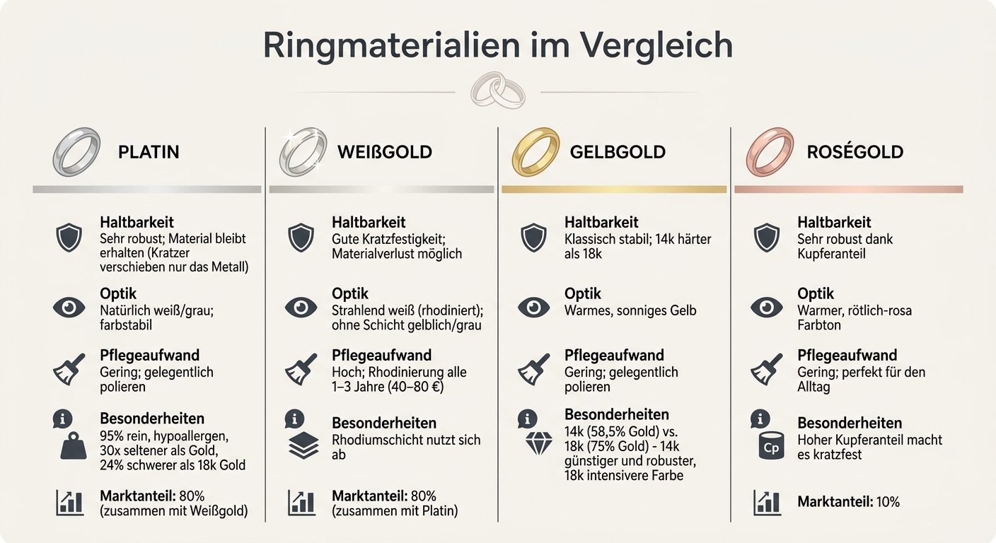 Ehering-Materialien im Vergleich: Platin, Weißgold, Gelbgold und Roségold