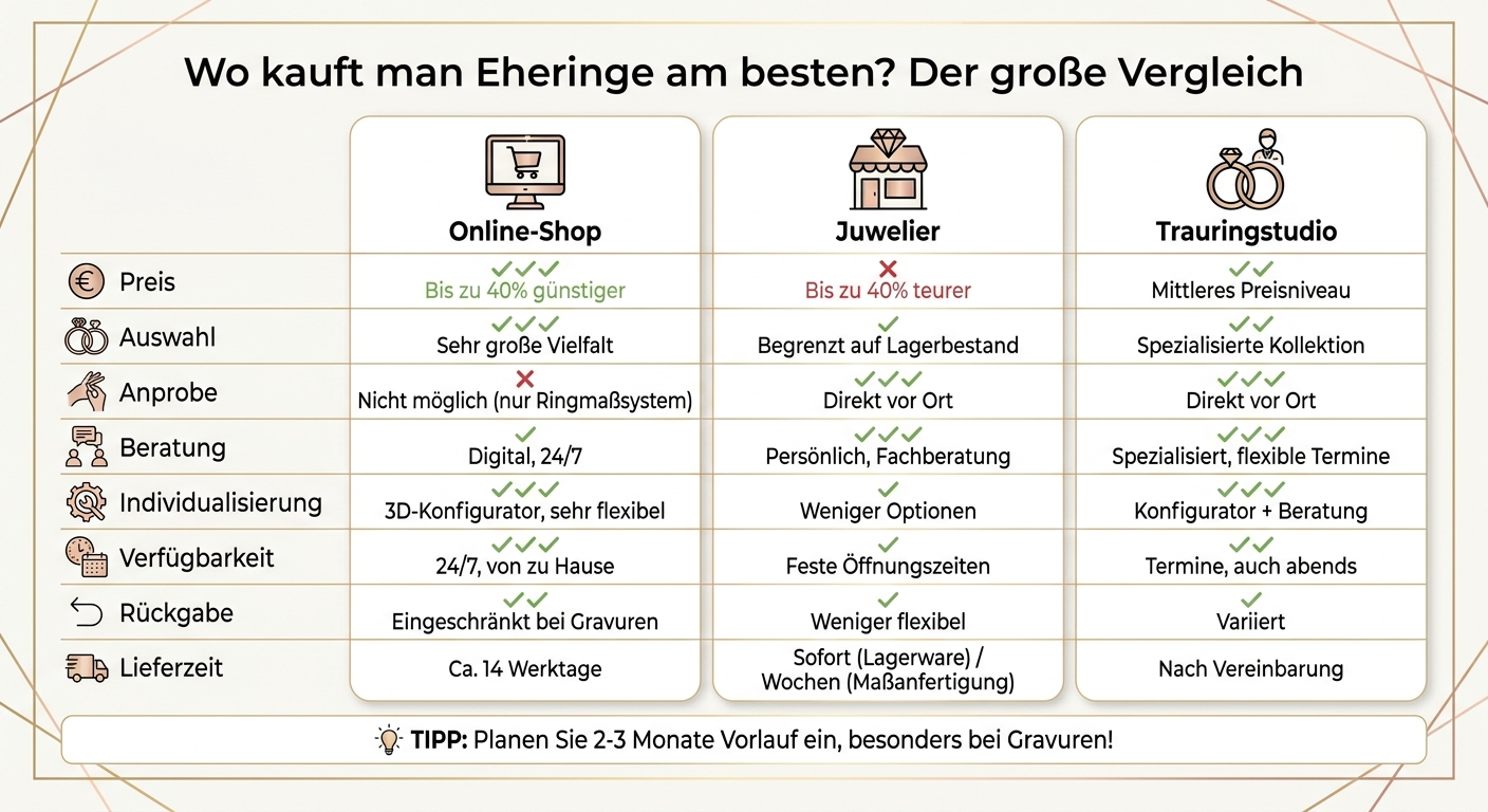 Eheringe kaufen: Vergleich Online-Shop, Juwelier und Trauringstudio