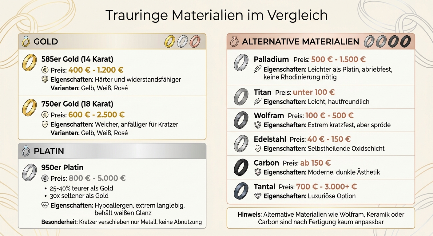 Trauringe Materialien Preisvergleich: Gold, Platin, Palladium und alternative Metalle