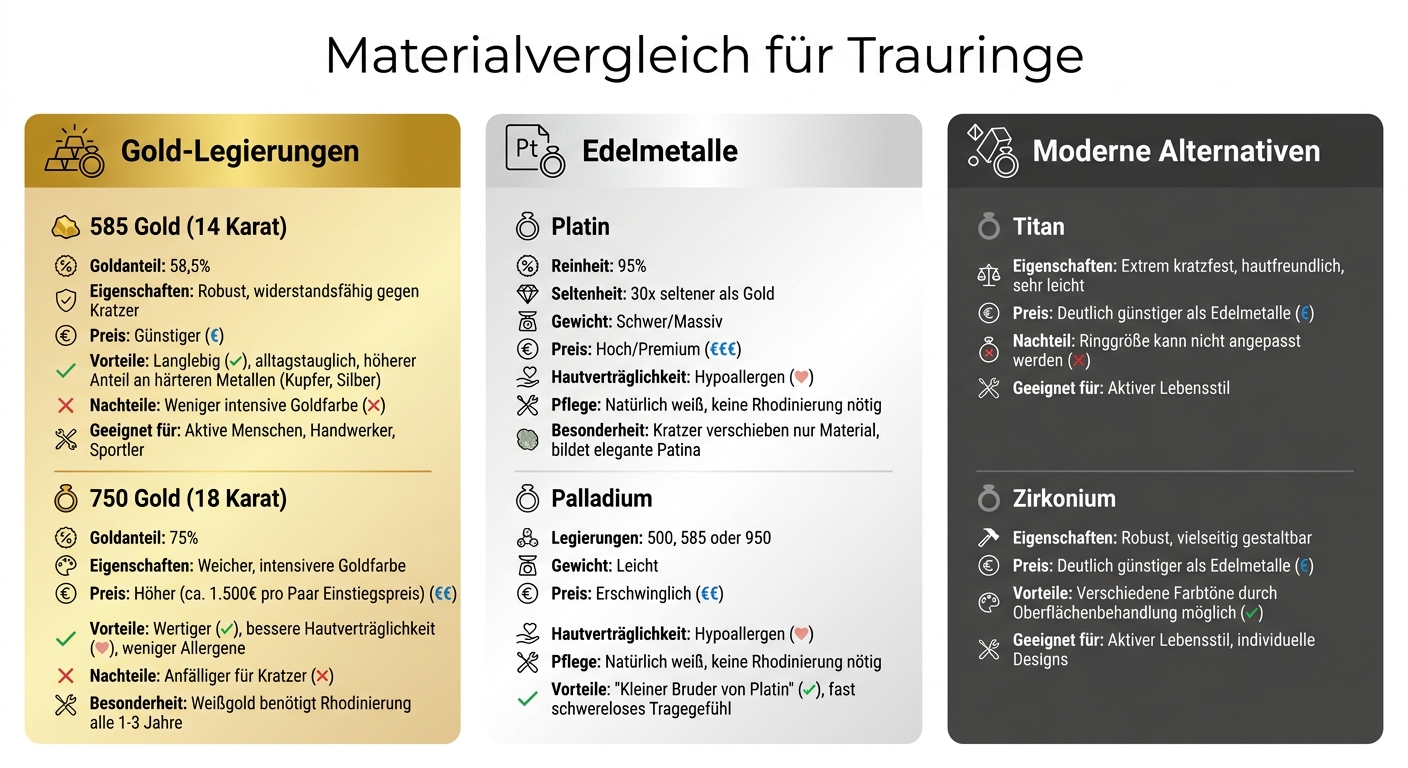 Vergleich der Trauringe-Materialien: Gold, Platin, Palladium und moderne Alternativen