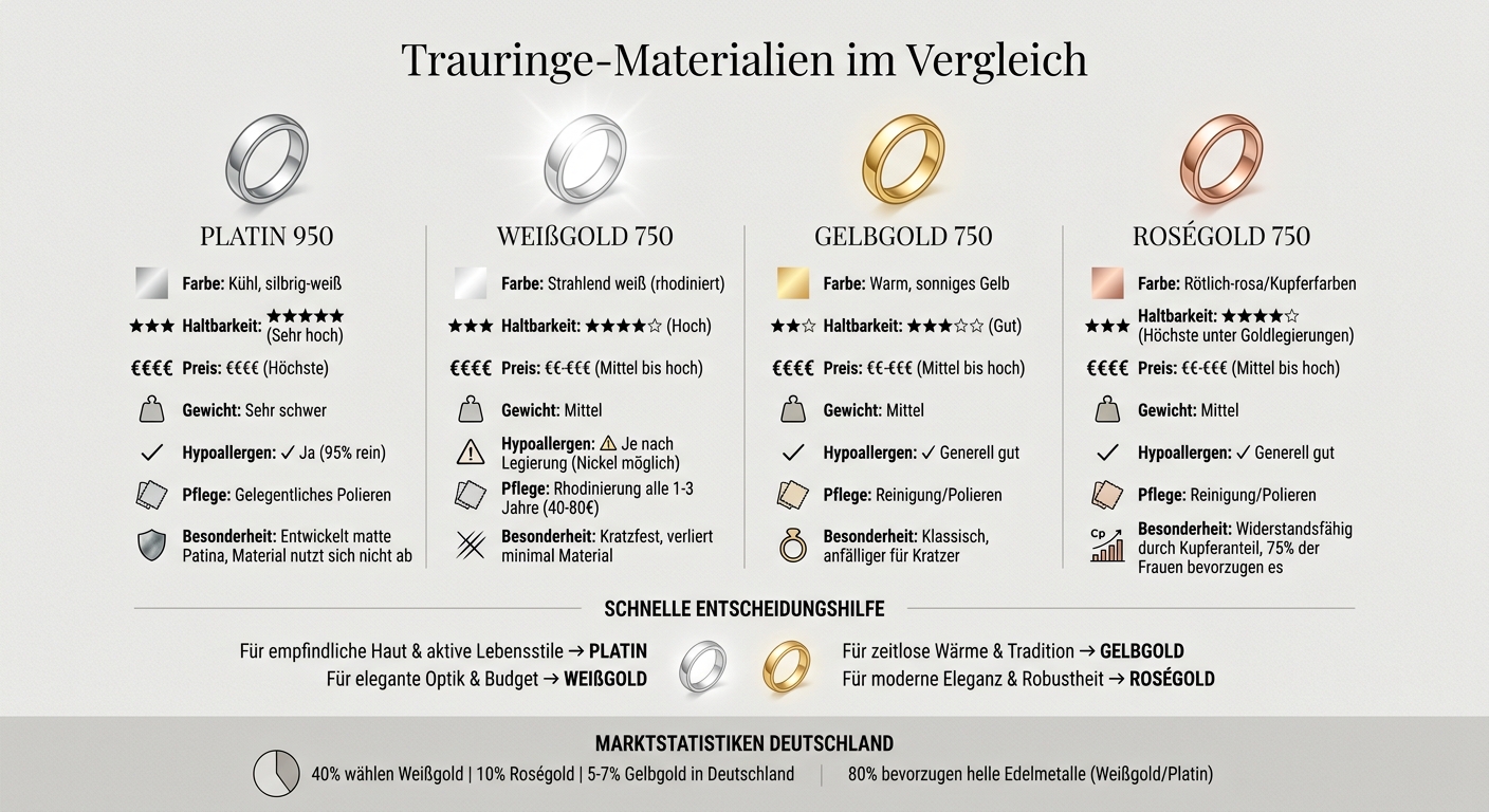 Vergleich Trauringe Materialien: Platin, Weißgold, Gelbgold und Roségold