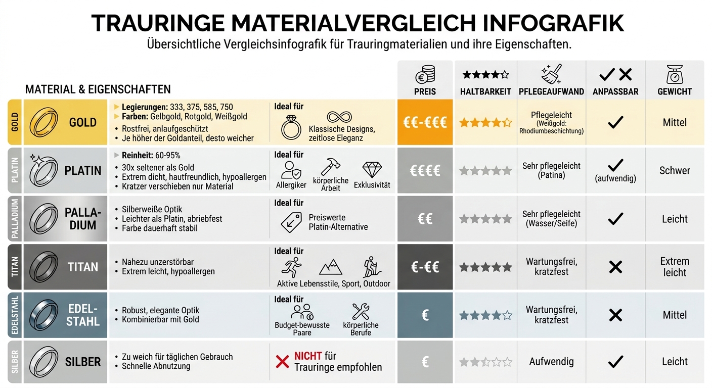 Trauringe Materialvergleich: Gold, Platin, Titan und weitere Metalle im Überblick