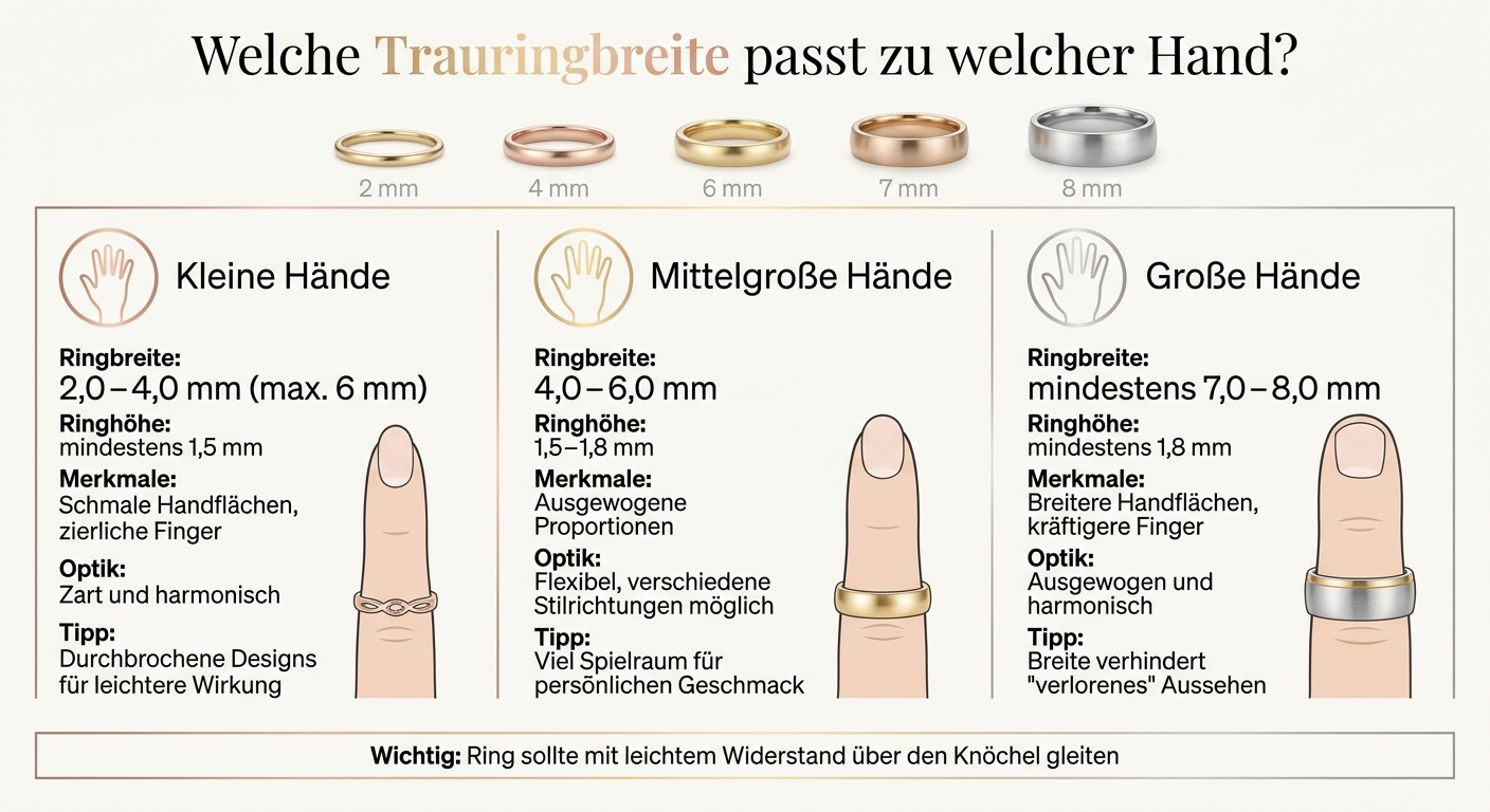 Trauringbreite nach Handgröße: Empfehlungen für kleine, mittelgroße und große Hände
