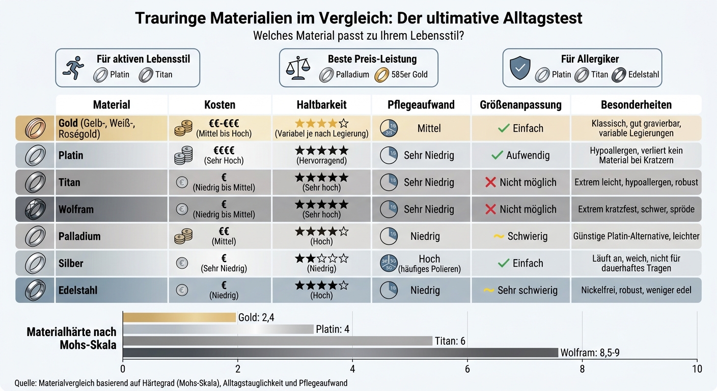 Trauringe Materialvergleich: Kosten, Haltbarkeit und Pflege im Überblick