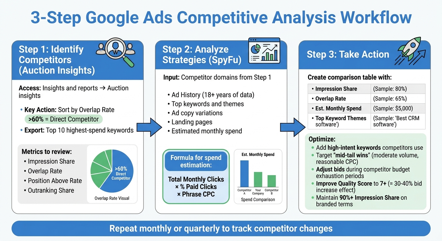 Flowchart for Google Ads Competitive Analysis Using Auction Insights and SpyFu Data