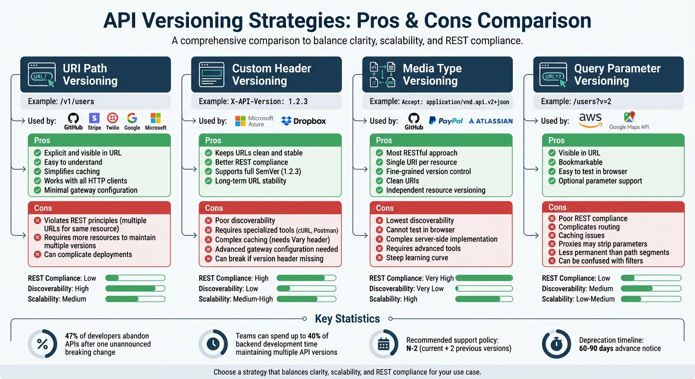 API Versioning Strategies Comparison: URI Path, Custom Header, Media Type, and Query Parameter Methods