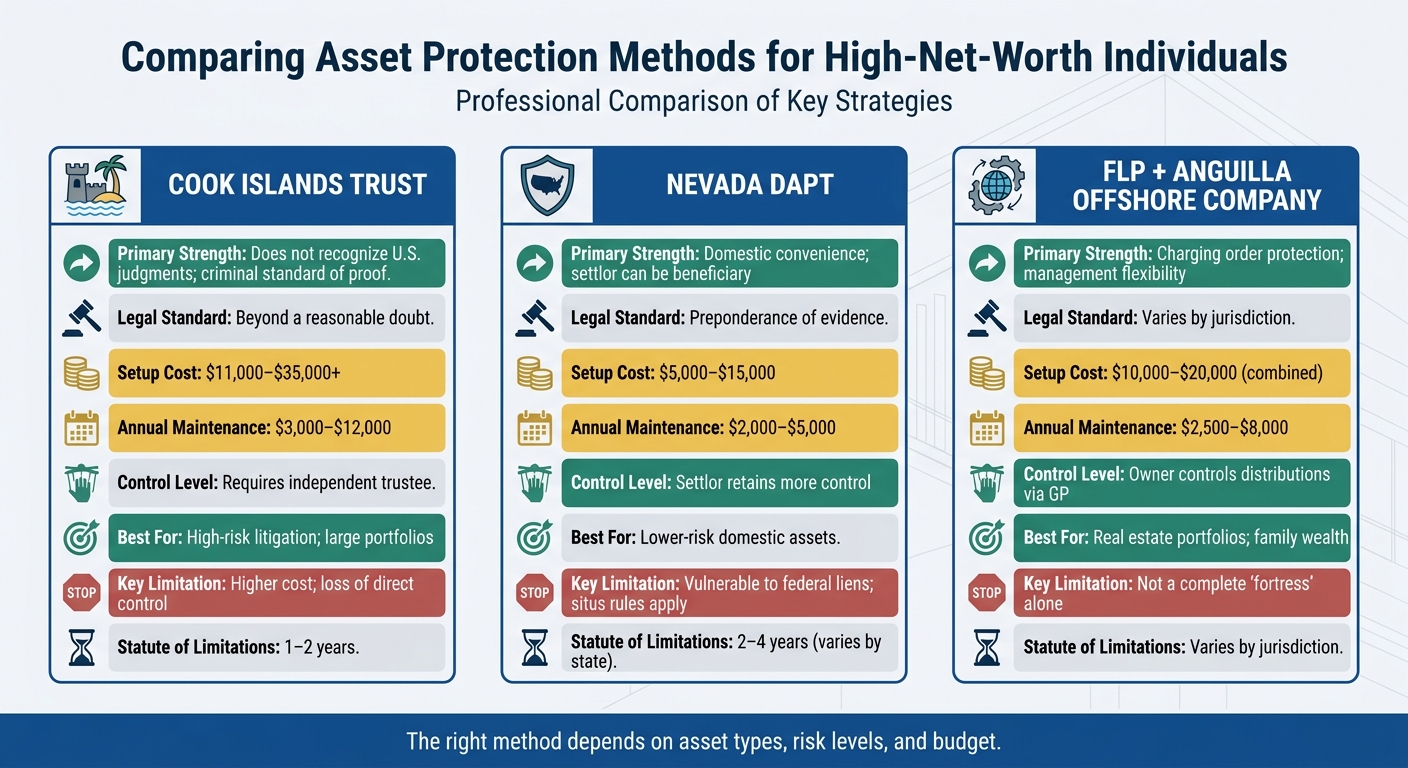 Asset Protection Methods Comparison: Cook Islands Trust vs Nevada DAPT vs FLP with Offshore Company