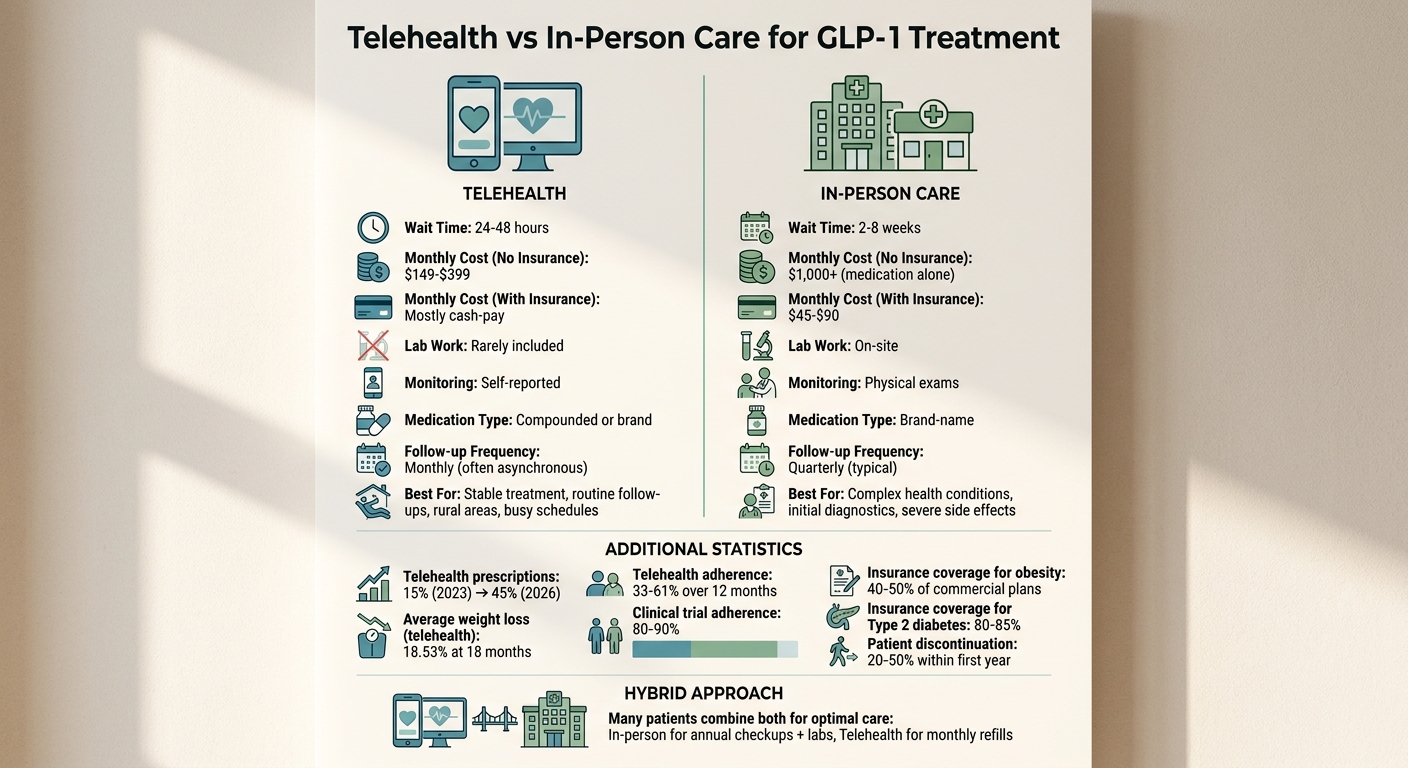 Telehealth vs In-Person Care for GLP-1 Treatment: Cost, Wait Times, and Features Comparison