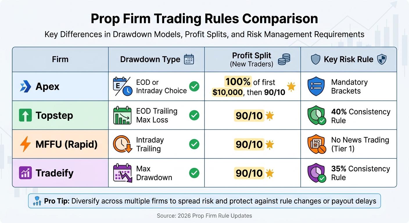 Prop Firm Trading Rules Comparison: Drawdown Types, Profit Splits, and Risk Requirements