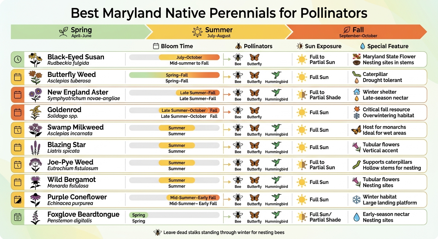 Maryland Native Perennials Bloom Time and Pollinator Guide