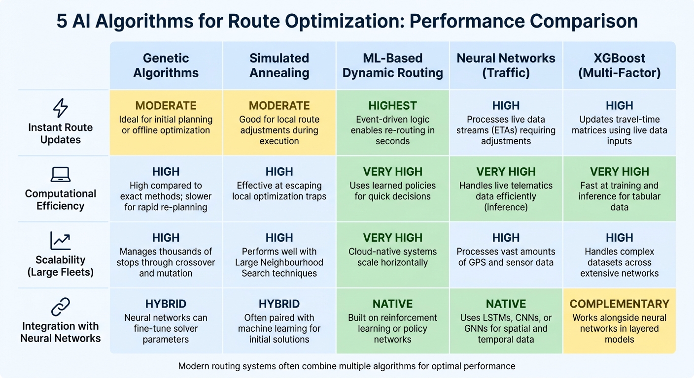 Comparison of 5 AI Route Optimization Algorithms for Fleet Management