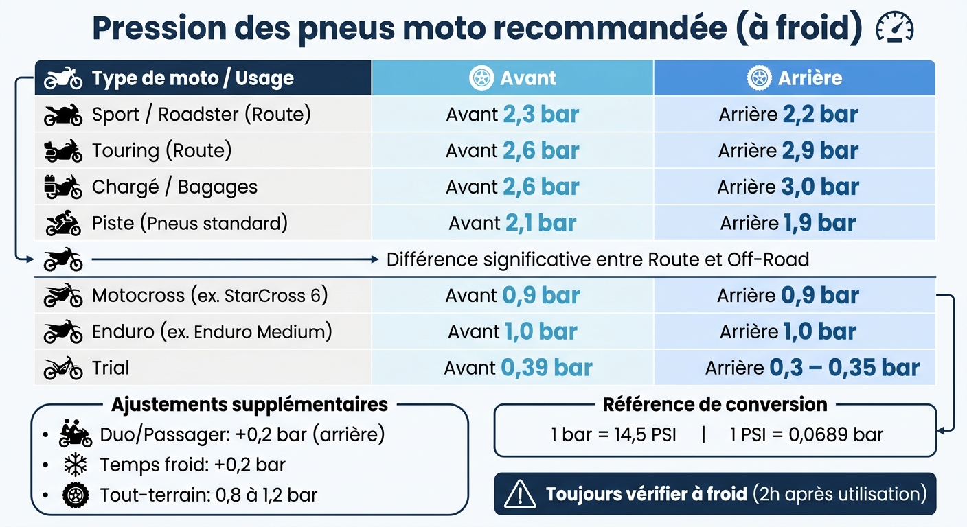 Pression des pneus moto recommandée selon type et usage