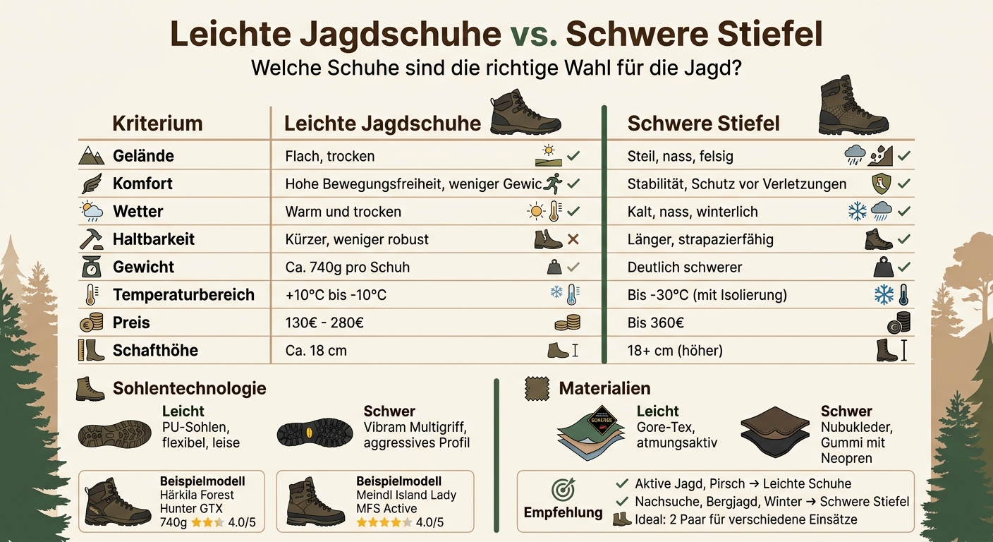 Leichte Jagdschuhe vs. schwere Stiefel: Vergleich nach Gelände, Wetter und Einsatz