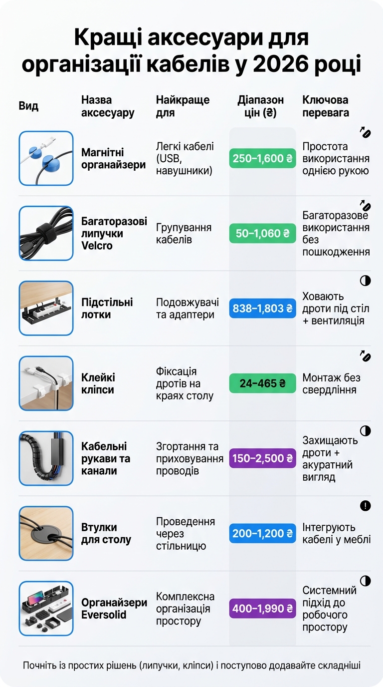 Порівняння аксесуарів для організації кабелів 2026: ціни та переваги
