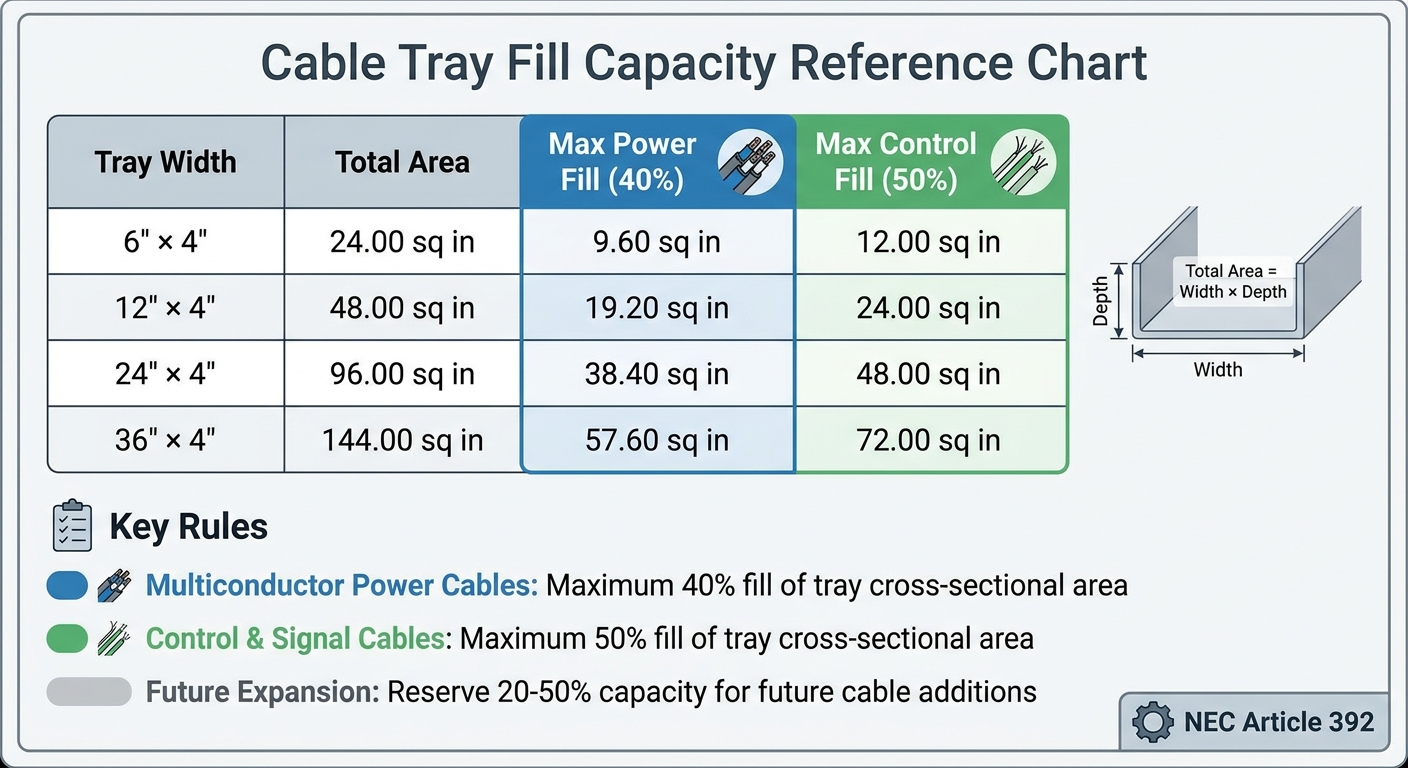 NEC Cable Tray Fill Capacity Chart by Tray Width and Cable Type