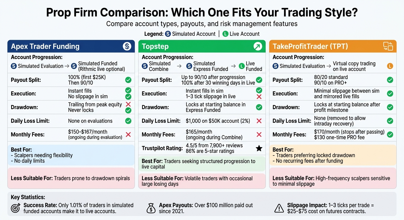 Prop Firm Comparison: Apex vs Topstep vs TakeProfitTrader Account Types and Features