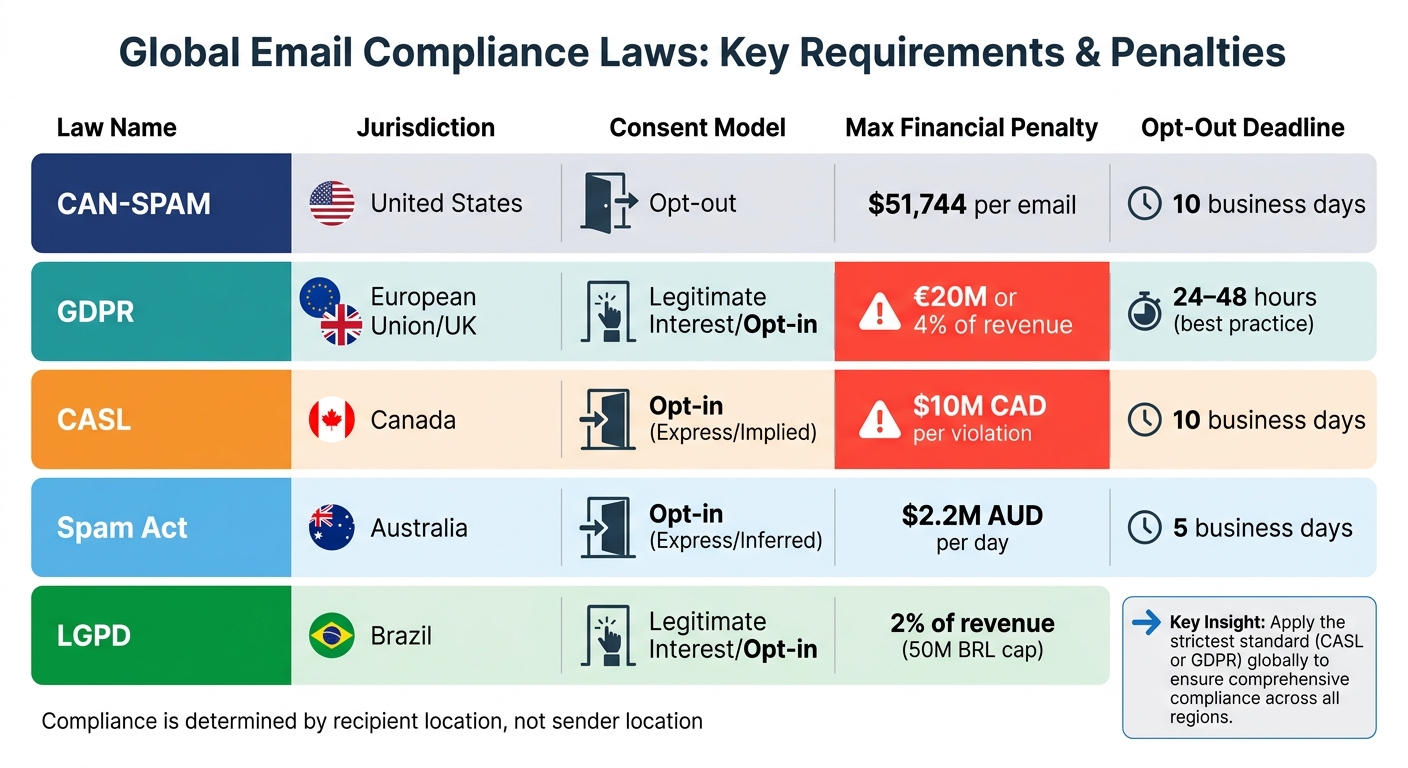 Global Email Compliance Laws Comparison: GDPR, CAN-SPAM, CASL, and Regional Requirements