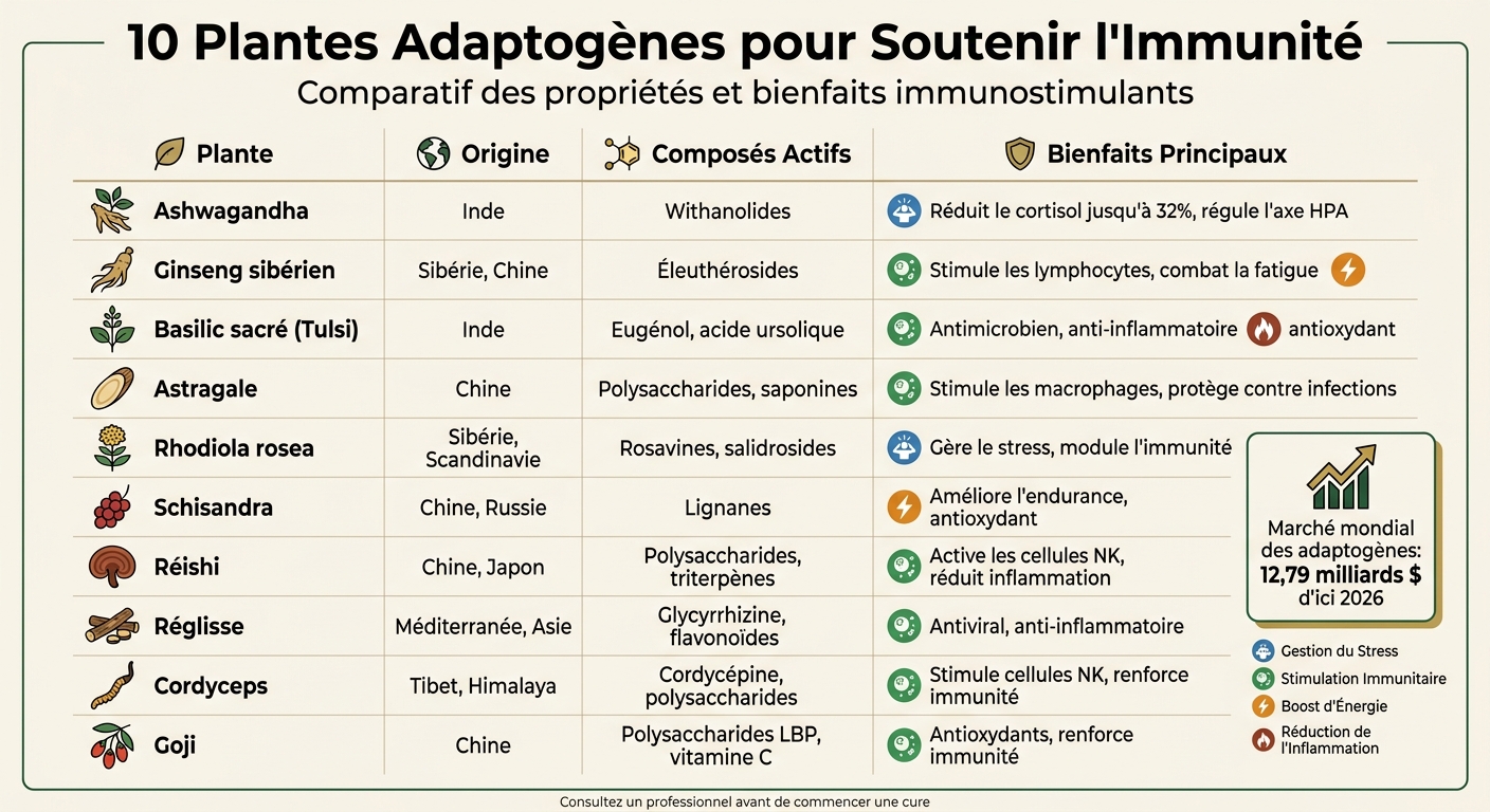 Comparatif des 10 plantes adaptogènes pour l'immunité : propriétés et bienfaits