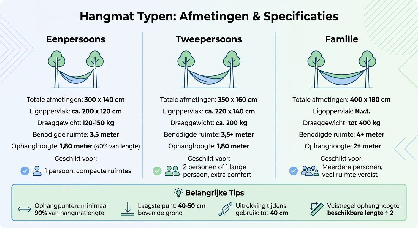 Hangmat afmetingen en specificaties vergelijkingstabel