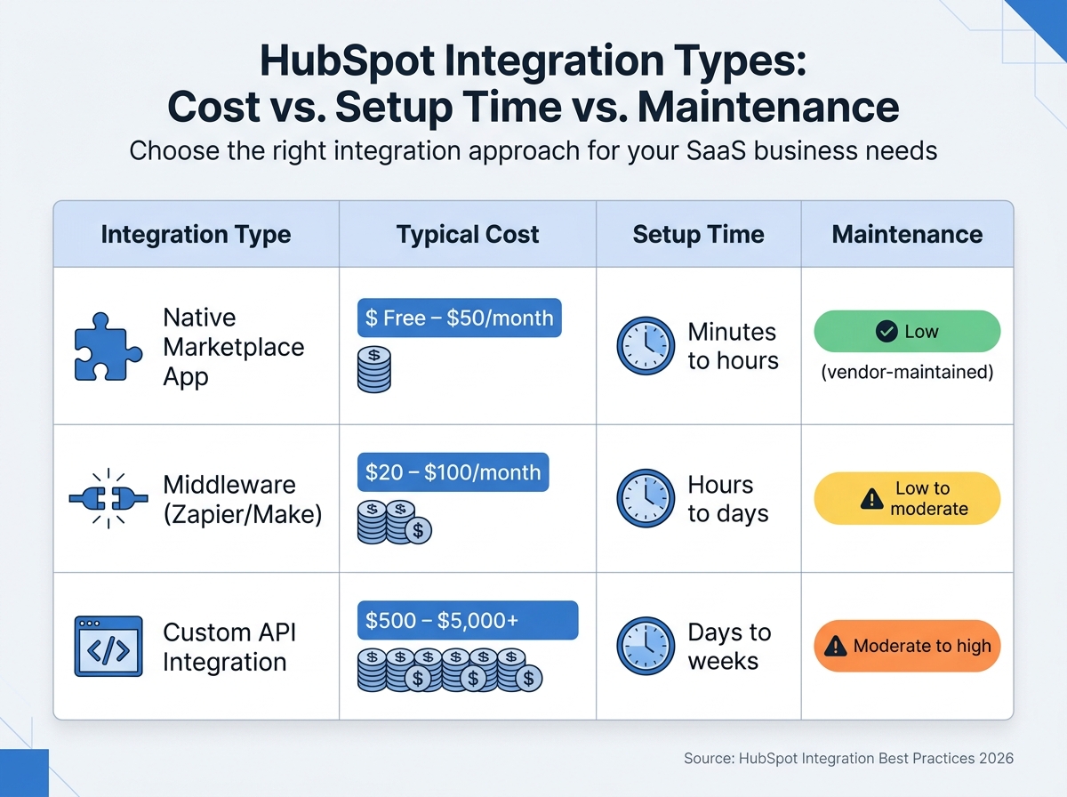 HubSpot Integration Types: Cost, Setup Time, and Maintenance Comparison