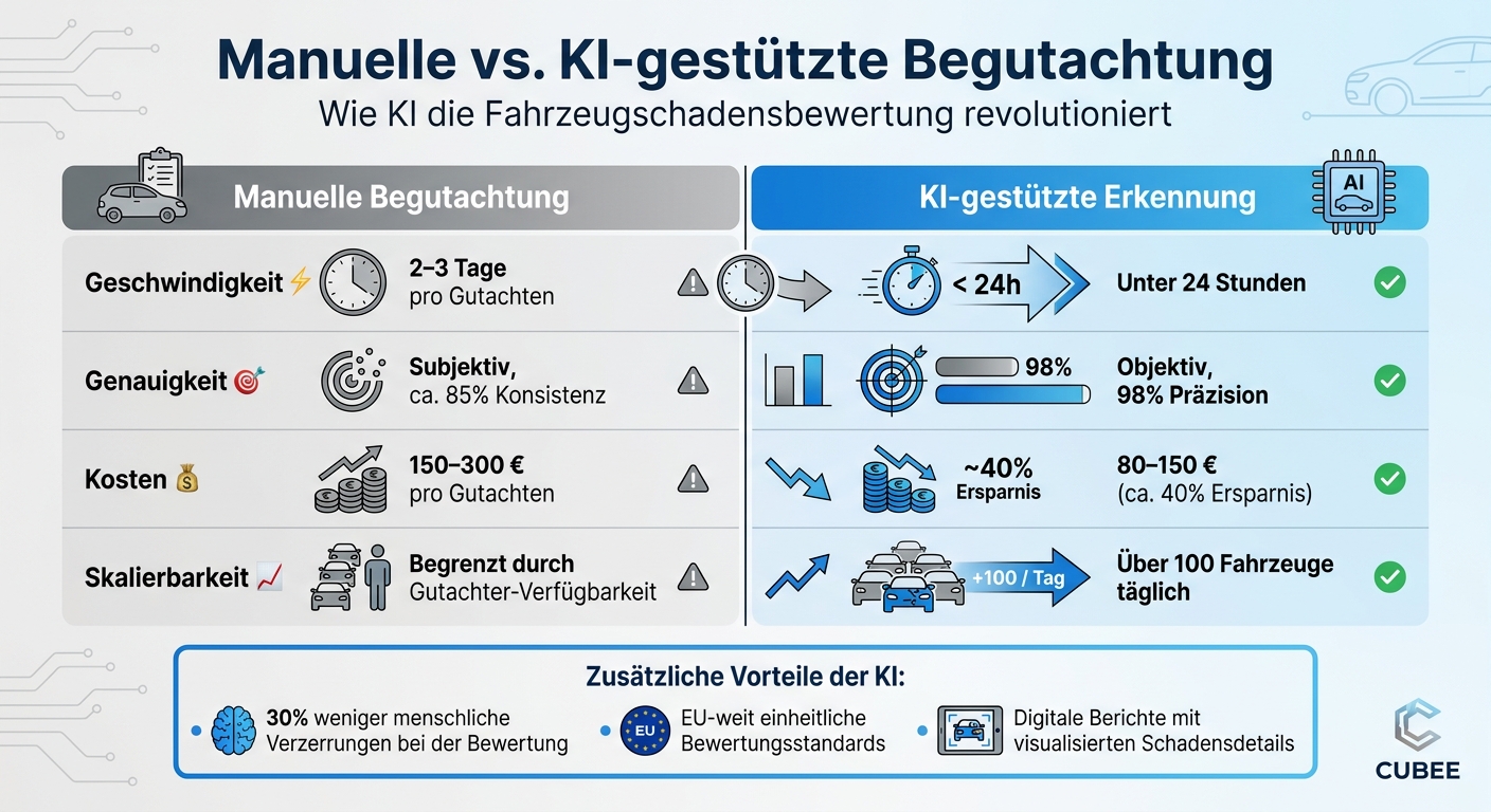 Manuelle vs. KI-gestützte Fahrzeugbegutachtung: Vergleich von Geschwindigkeit, Genauigkeit und Kosten