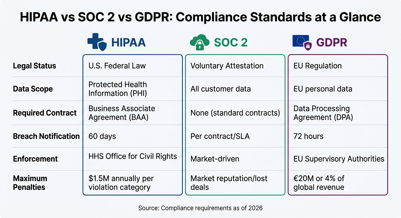 HIPAA vs SOC 2 vs GDPR Compliance Requirements Comparison