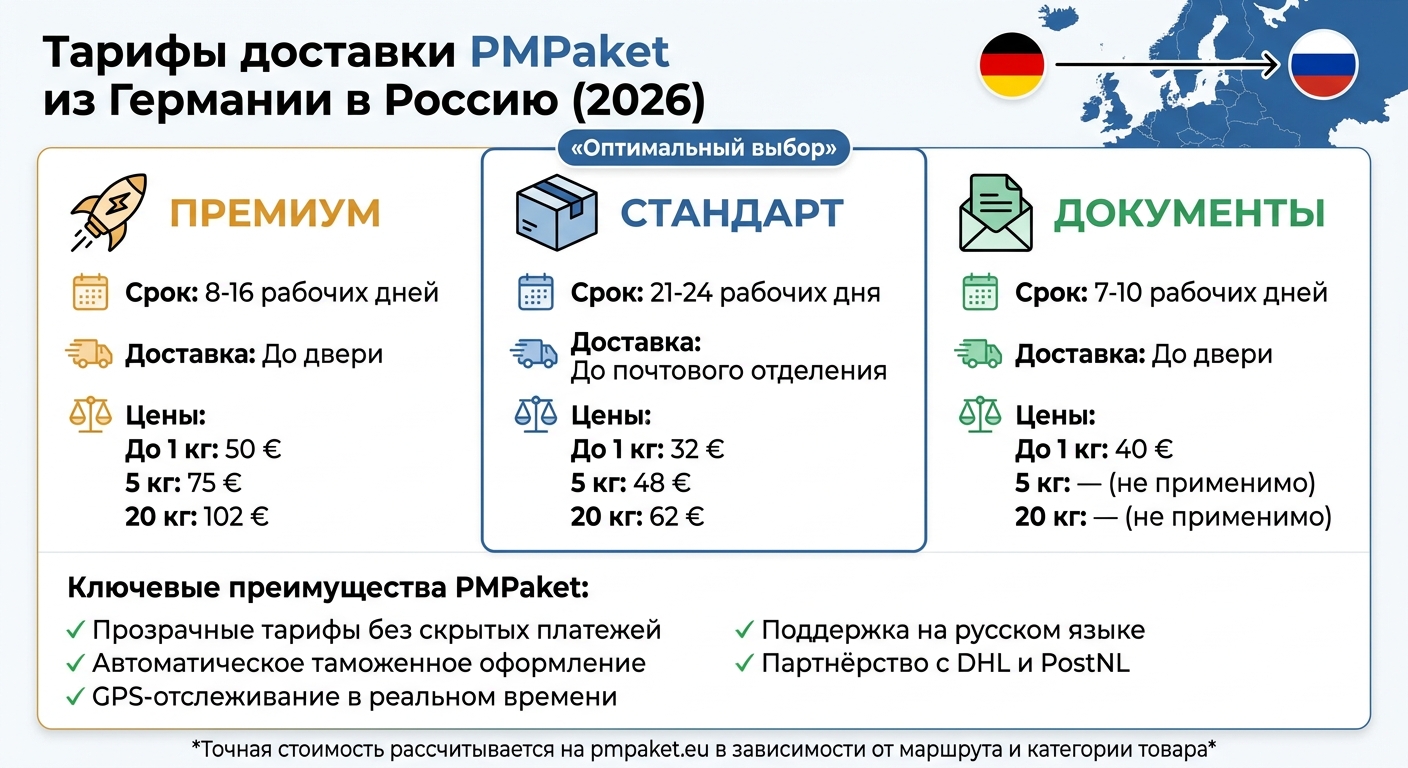 Тарифы доставки PMPaket из Европы в Россию 2026