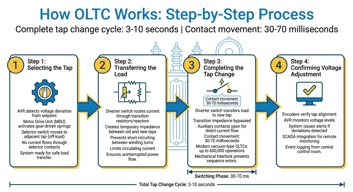 How OLTC Works: 4-Step Voltage Control Process in Power Transformers