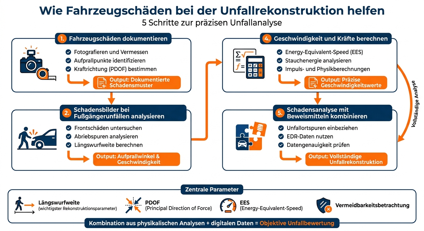 5-Schritte-Prozess der Unfallrekonstruktion durch Fahrzeugschadensanalyse