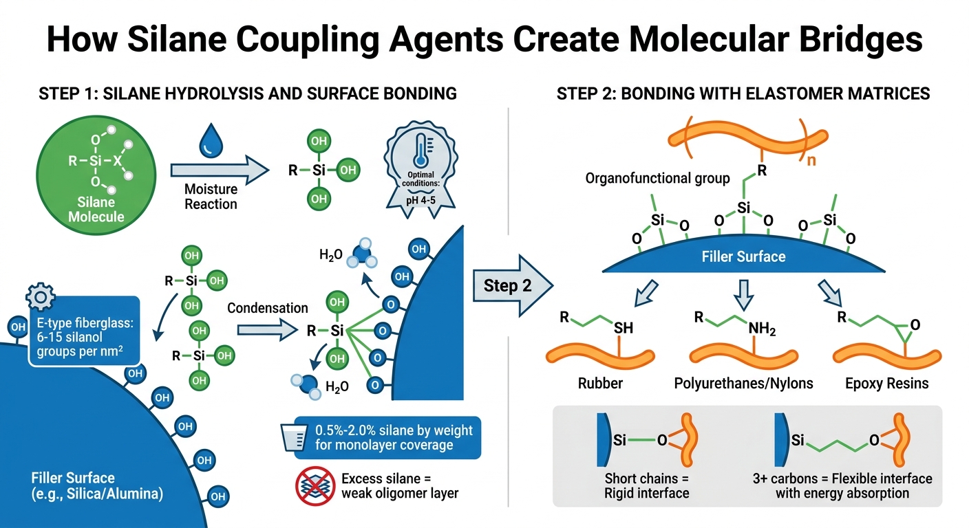 How Silane Coupling Agents Bond Fillers to Elastomers: Two-Step Chemical Process