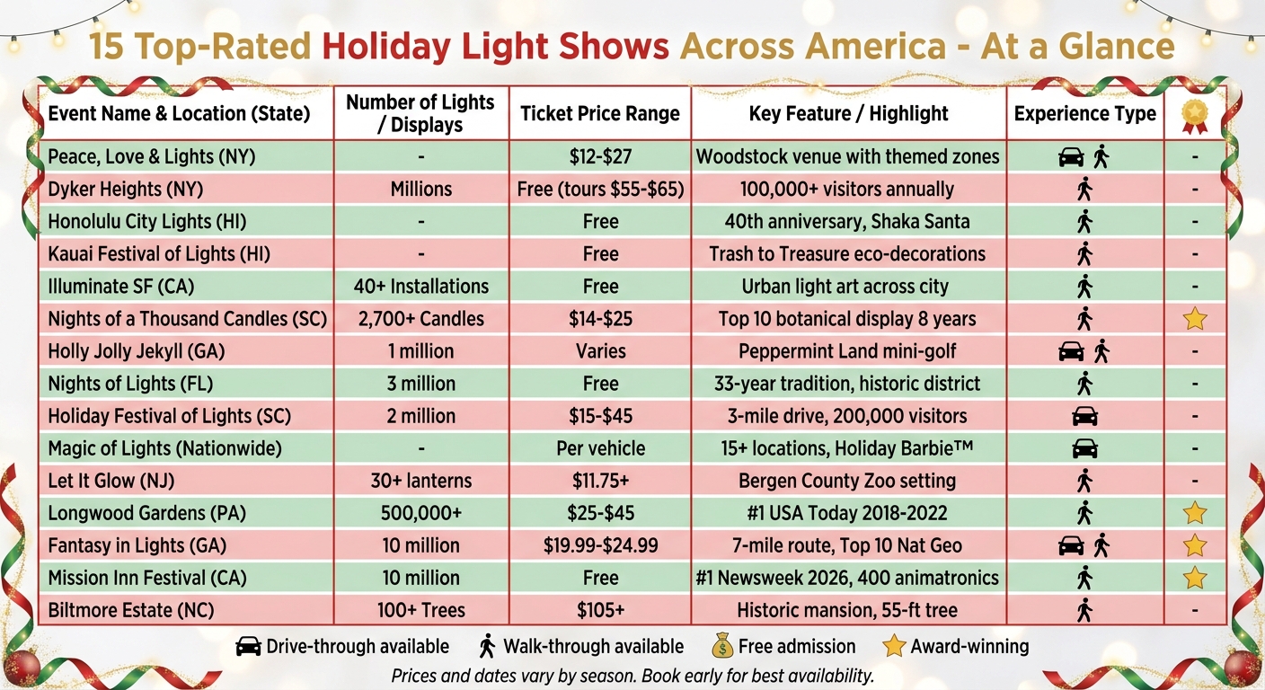 Top 15 Holiday Light Shows in America: Quick Comparison Guide