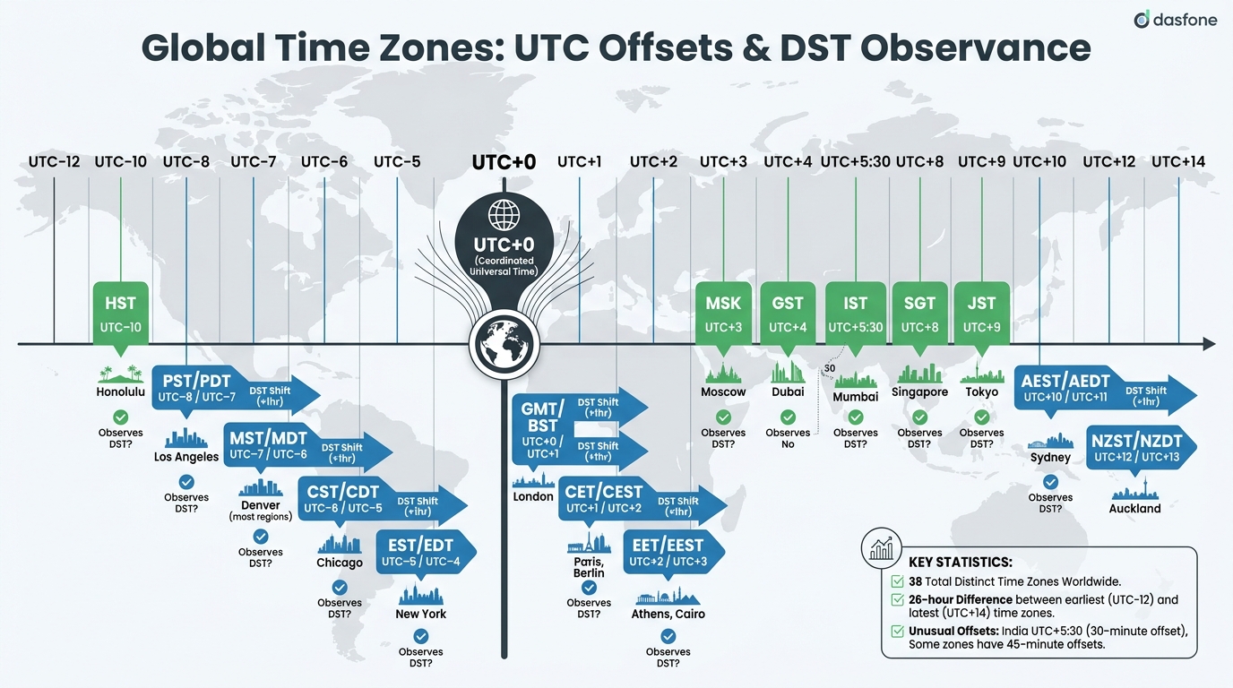 Global Time Zones UTC Offsets and DST Observance Reference Chart