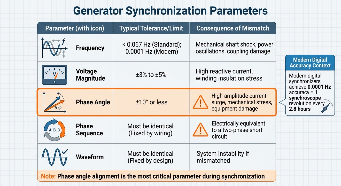Generator Synchronization Parameters: Tolerances and Consequences of Mismatch