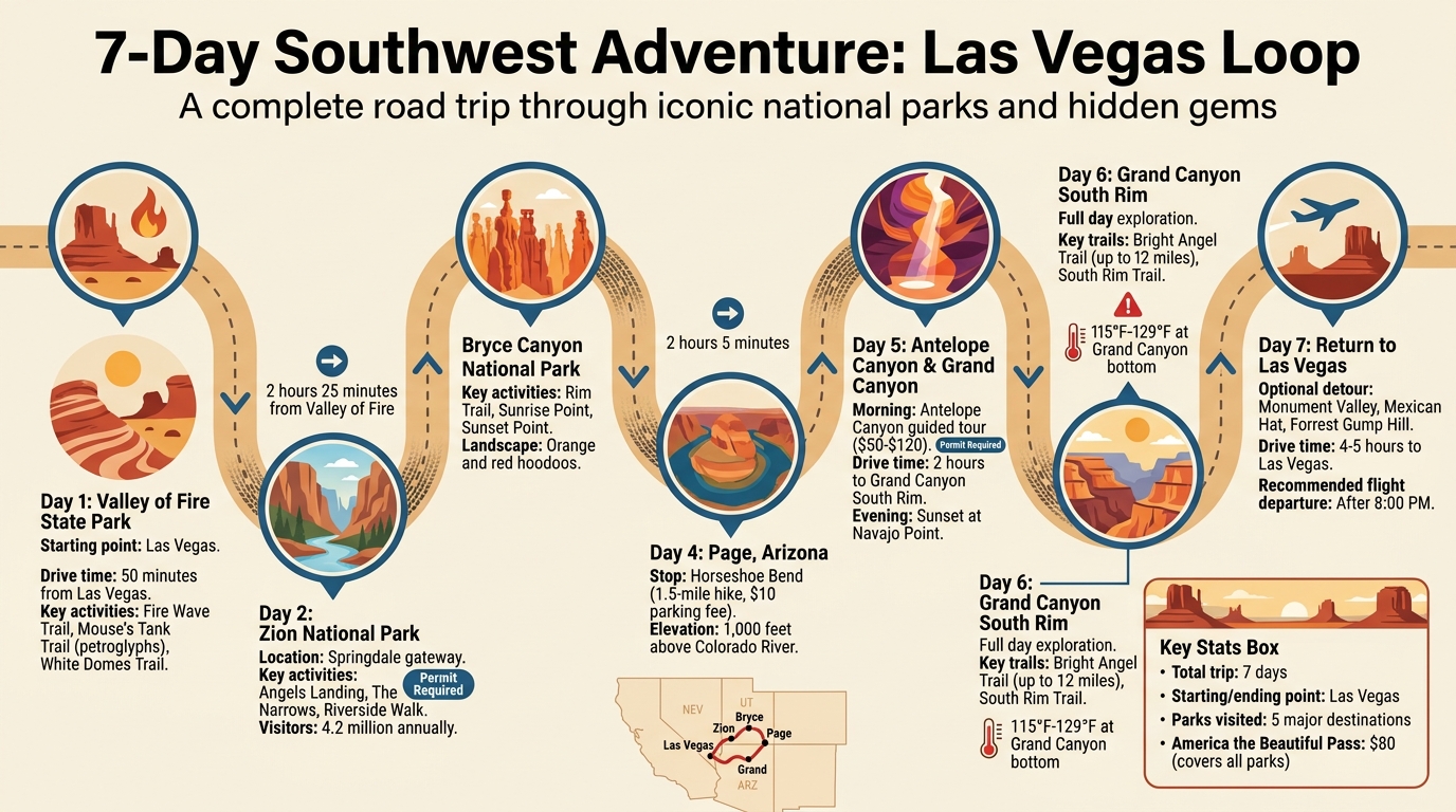 7-Day Southwest Road Trip Itinerary Map and Timeline