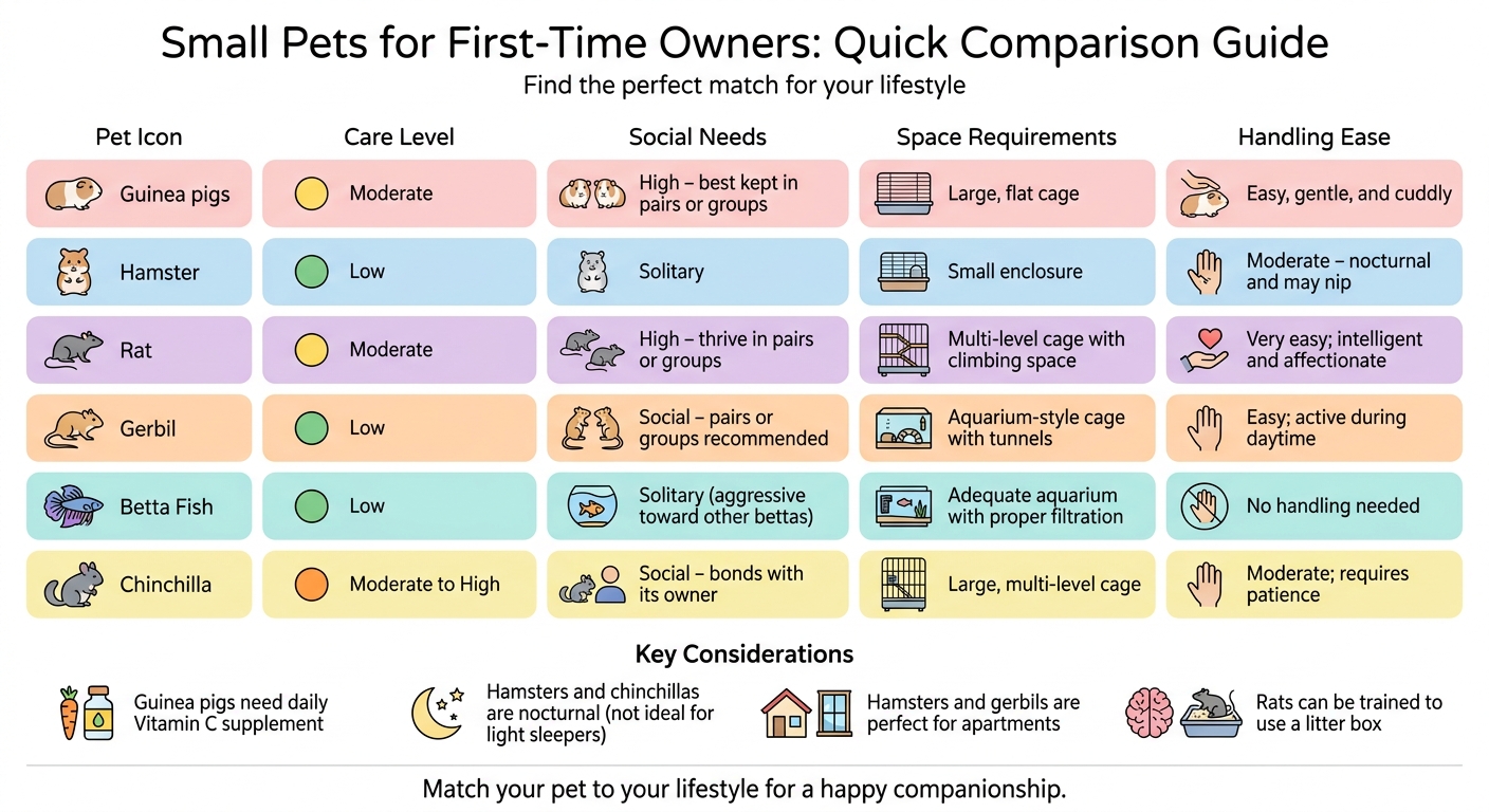 Small Pets Comparison Guide: Care Level, Social Needs, and Space Requirements for Beginners