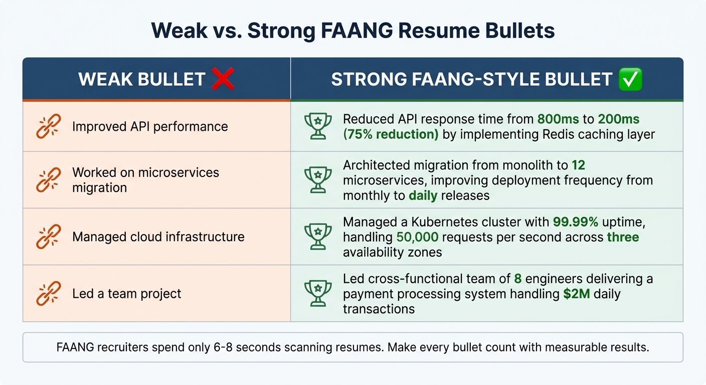 Weak vs Strong FAANG Resume Bullet Points Comparison
