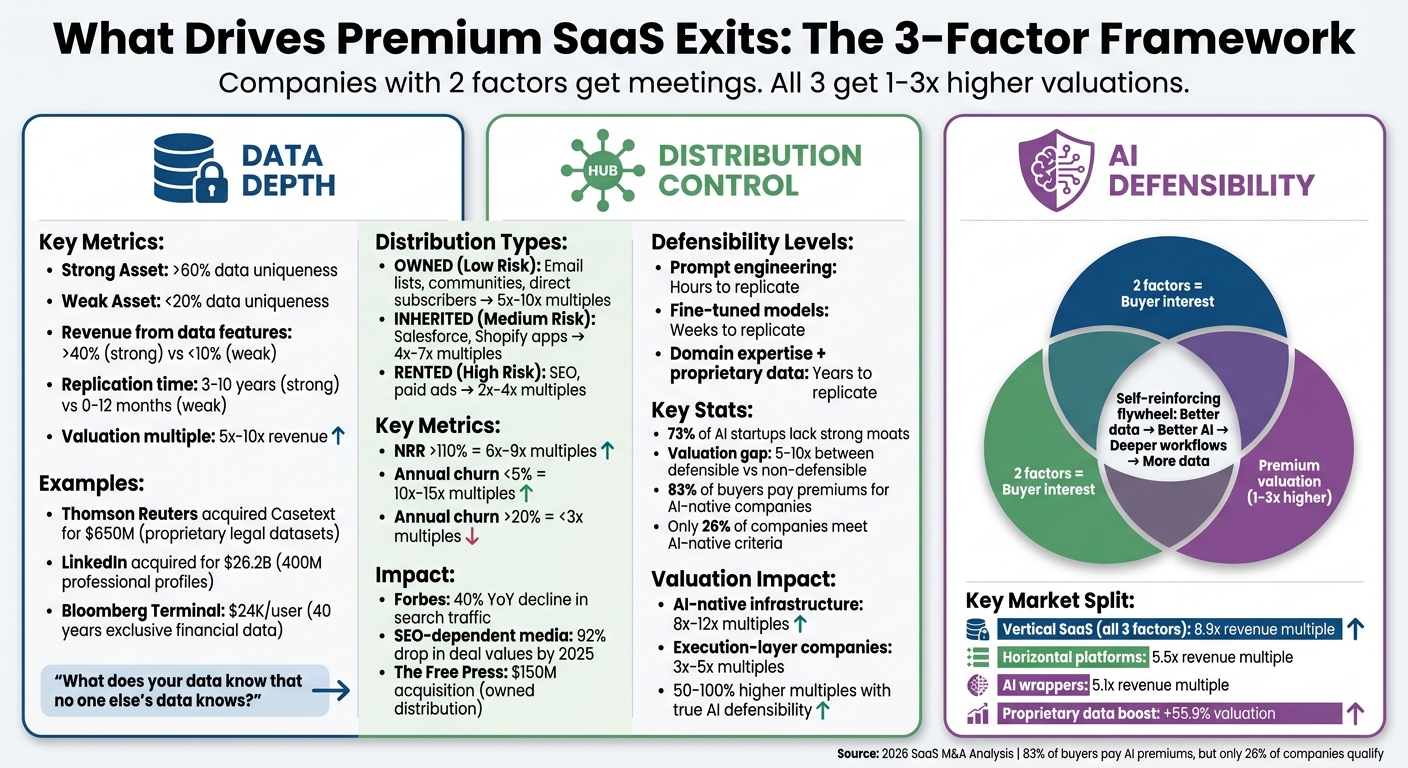 SaaS Exit Value Factors: Data Depth, Distribution Control & AI Defensibility Comparison