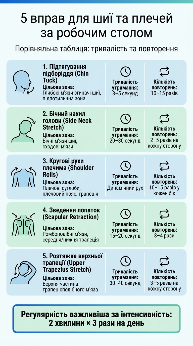 5 вправ для шиї та плечей: порівняльна таблиця з тривалістю та повтореннями